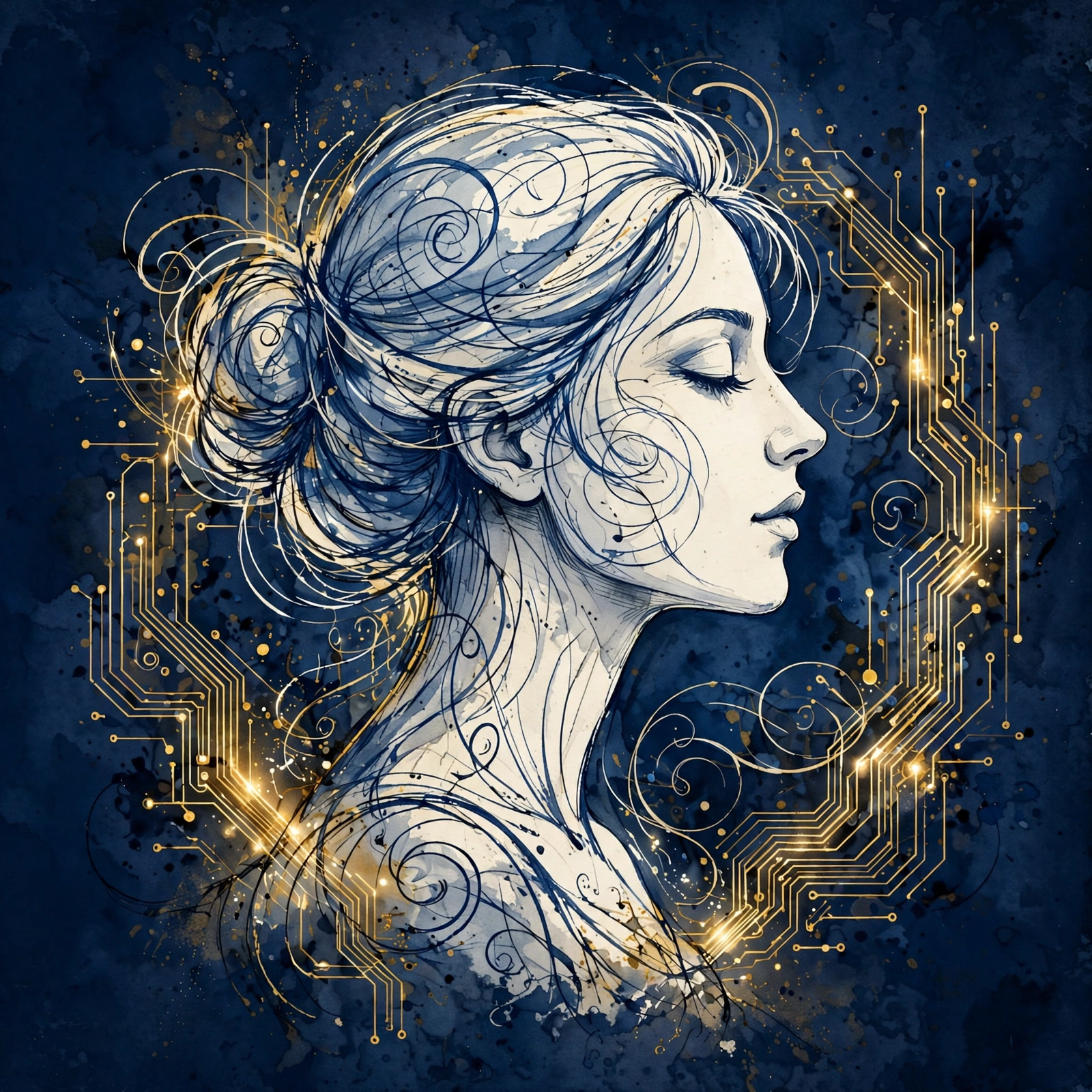 Illustrated portrait emblem of Ahsoka Halloran, drawn in ink blue and gold